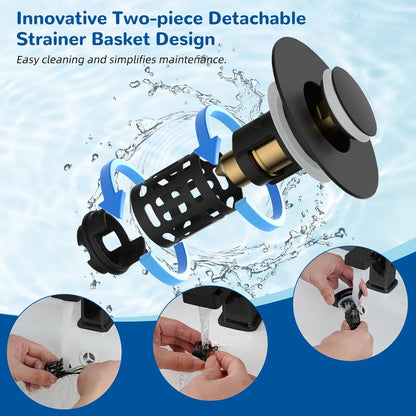 📢📢50% OFF !! ⏰Hibbent Upgraded 3-in-1 Sink Drain Filter, Universal Pop-Up Stopper, Removable Stainless Steel Basket-Shaped Hair Catcher, Sink Stopper for 2.8–5.9 cm, Brass Cartridge, Matte Black