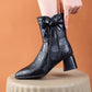 Women's Thick Heel Leather Bow Boots