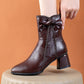 Women's Thick Heel Leather Bow Boots