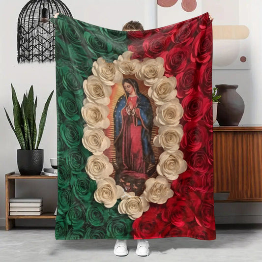 Virgin Mary & Roses Flannel Throw Blanket