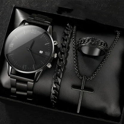Men's Minimalist Quartz Watch with Date – All-Black Stainless Steel, Roman Dial & Precision Timekeeping! ⌚🖤