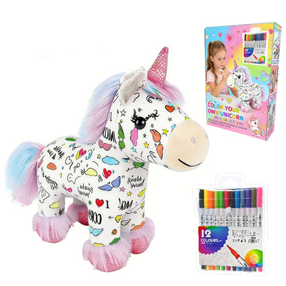 🔥50% OFF 🎁DIY Color-In Unicorn Plush Toy Kit, Washable Reusable Coloring Stuffed Animal, Creative Art Craft Set for Kids Birthday Gift
