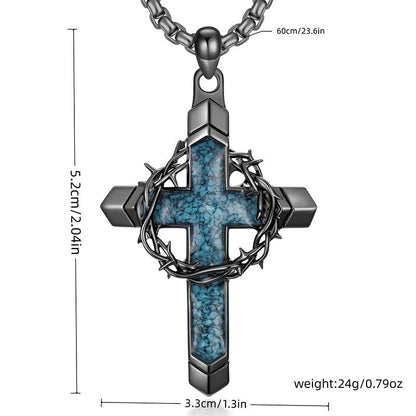 🥳2026 HOT SALE🥳💞50K+ SOLD!✨ 💝  Statement Cross Pendant – Crown of Thorns, Blue Stone Inlay, Vintage Edge 🖤